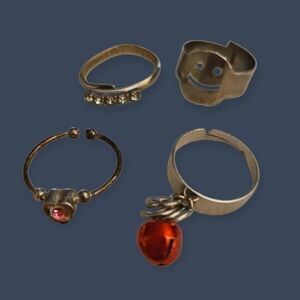 3/$30 Vintage Set of Six Smiley Heart Bell Rhinestone Adjustable Ring